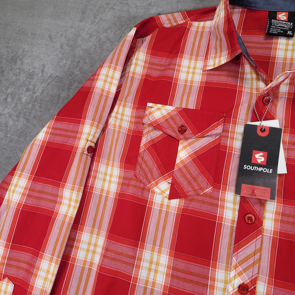 Southpole Mens XL Plaid Button Up Shirt Short Sleeve Top Red New - Picture 6 of 11